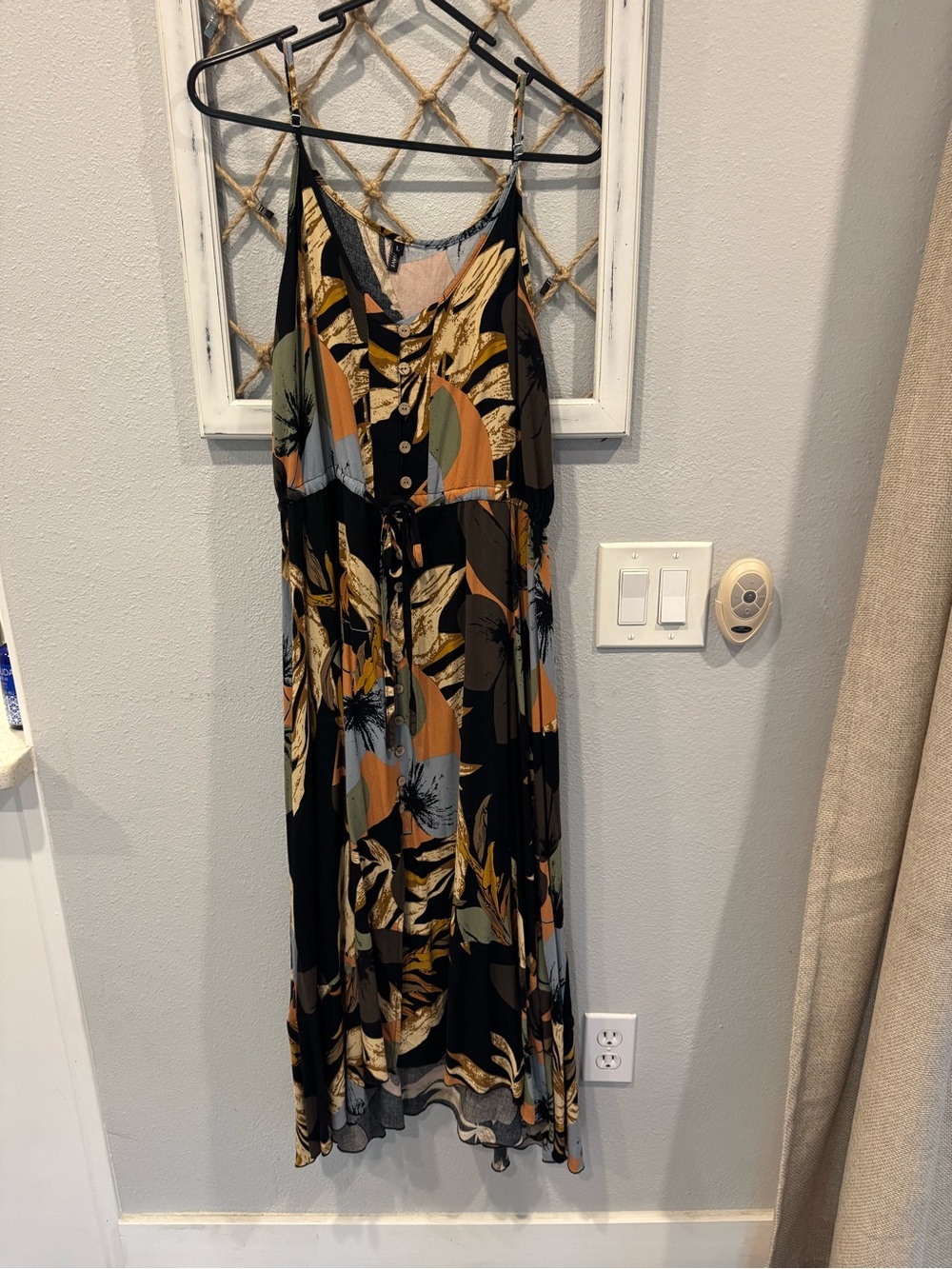 Women’s Black Tropical Print Midi Dress with Adjustable Straps